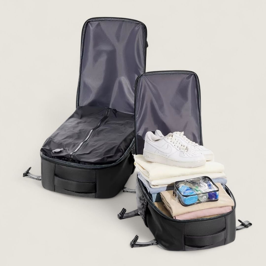 ASKA Reiserucksack Handgepäck 20L mit Vakuum - Kompression - Reisetaschen - Deep Black mit Pumpe - Kuratist