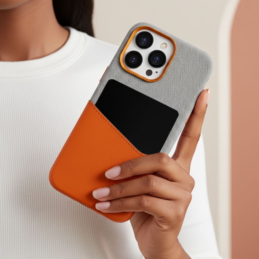 KIVO iPhone Hülle aus Leder & Stoff - Handyhüllen - Grey/Orange - Kuratist