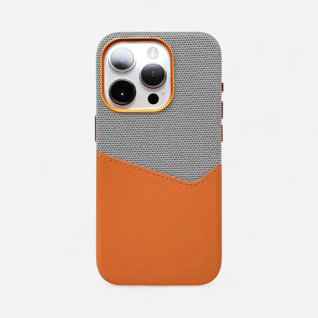 KIVO iPhone Hülle aus Leder & Stoff - Handyhüllen - Grey/Orange - Kuratist