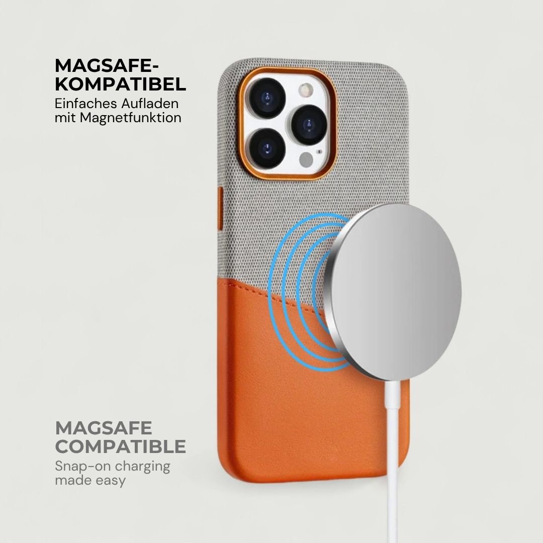 KIVO iPhone Hülle aus Leder & Stoff - Handyhüllen - Grey/Orange - Kuratist