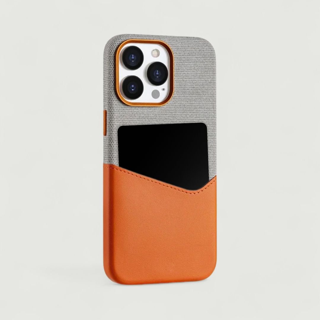 KIVO iPhone Hülle aus Leder & Stoff - Handyhüllen - Grey/Orange - Kuratist