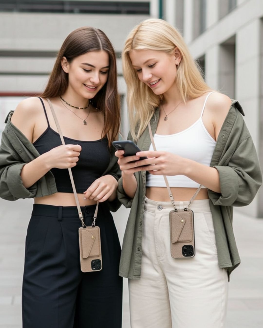 LINNEA iPhone Crossbody Handyhülle mit Kartenfach & Trageriemen - Handyhüllen mit Band - Stone - Kuratist
