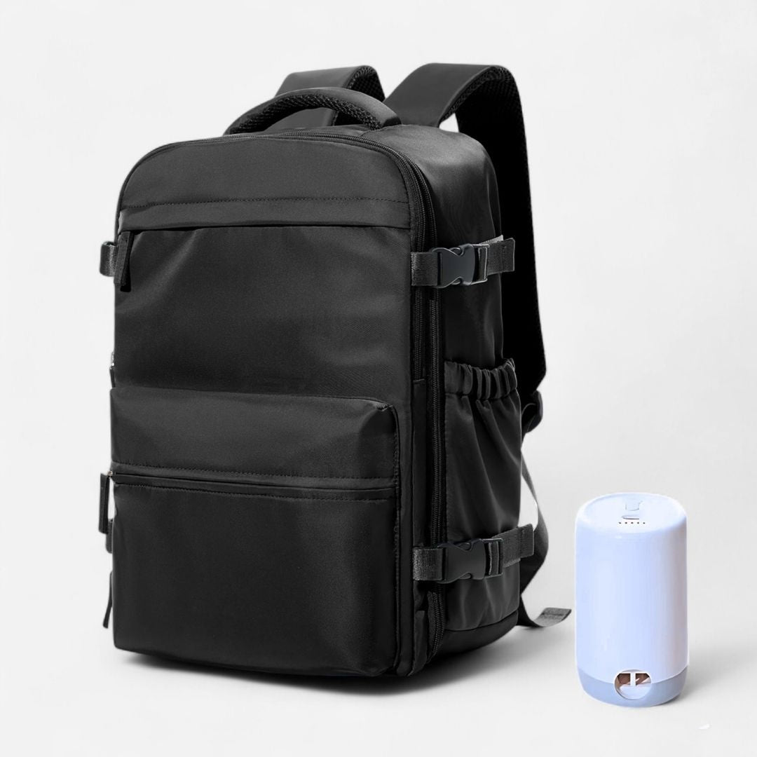 ASKA Reiserucksack Handgepäck 20L mit Vakuum - Kompression - Reisetaschen - Deep Black mit Pumpe - Kuratist