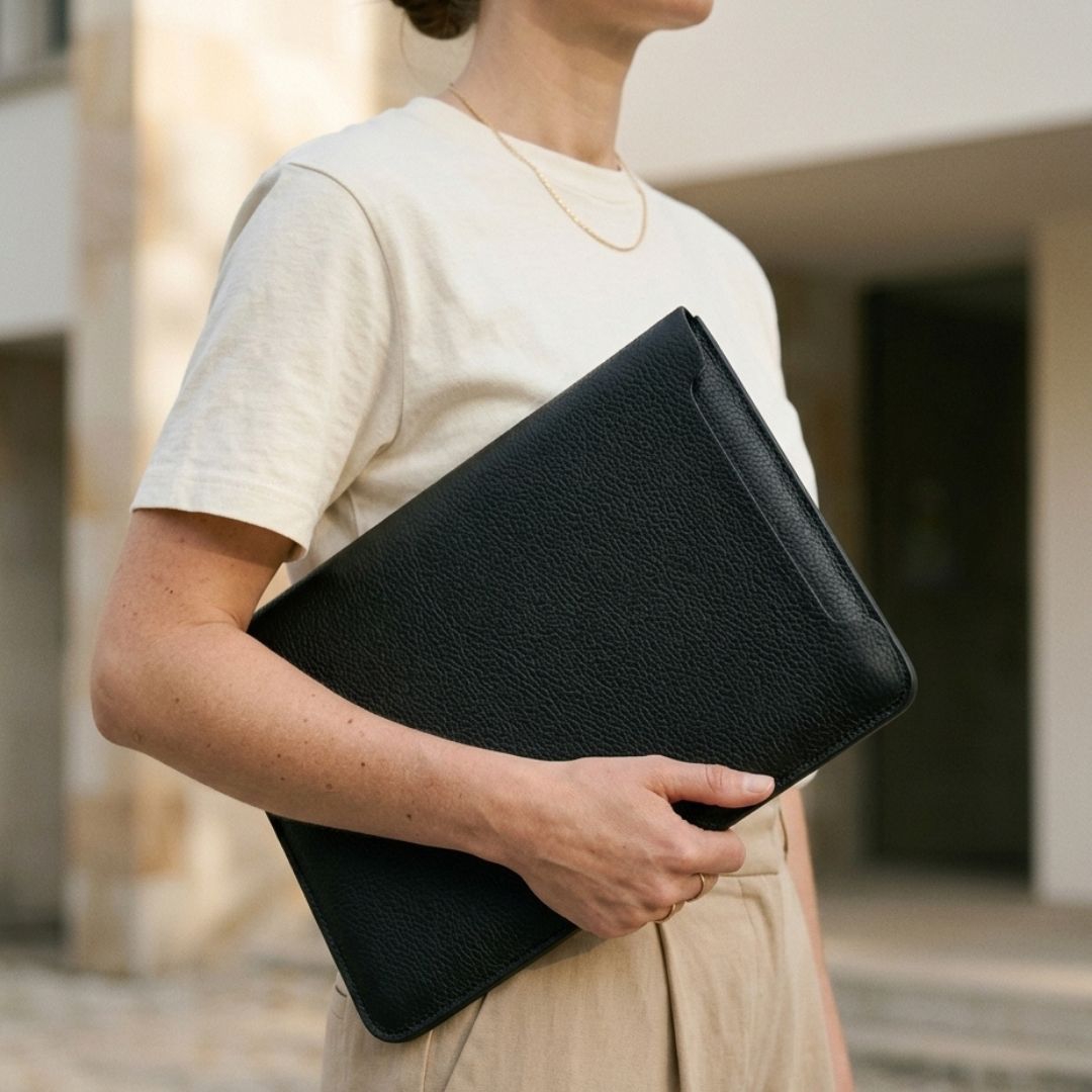 LUMI Laptop Hülle aus Leder für MacBook & Notebooks - Laptophüllen - Pebbled Black - Kuratist