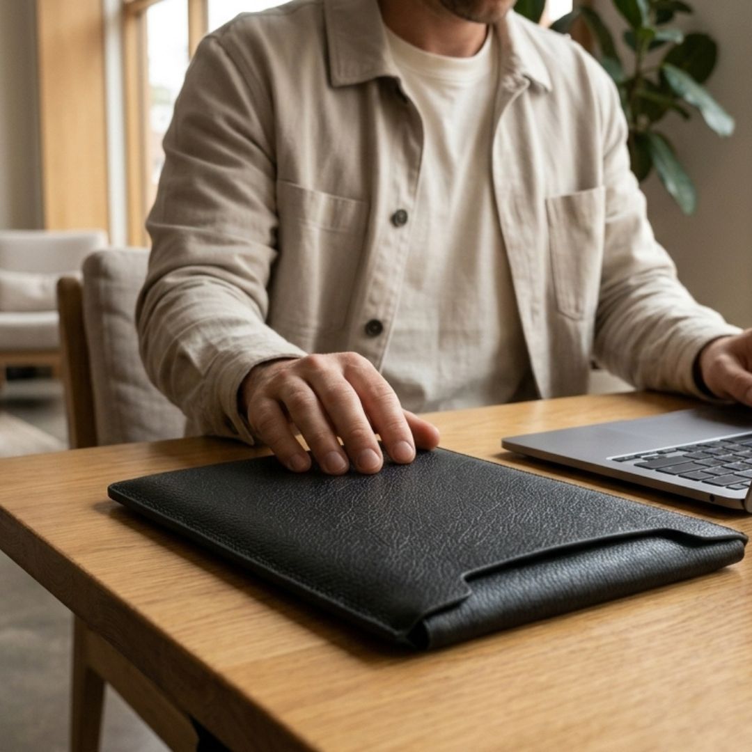 LUMI Laptop Hülle aus Leder für MacBook & Notebooks - Laptophüllen - Pebbled Black - Kuratist
