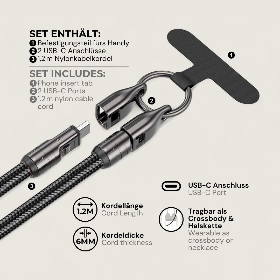 LYRA – 2 in 1 Handykette mit USB - C Ladekabel - Handykette - Black - Kuratist