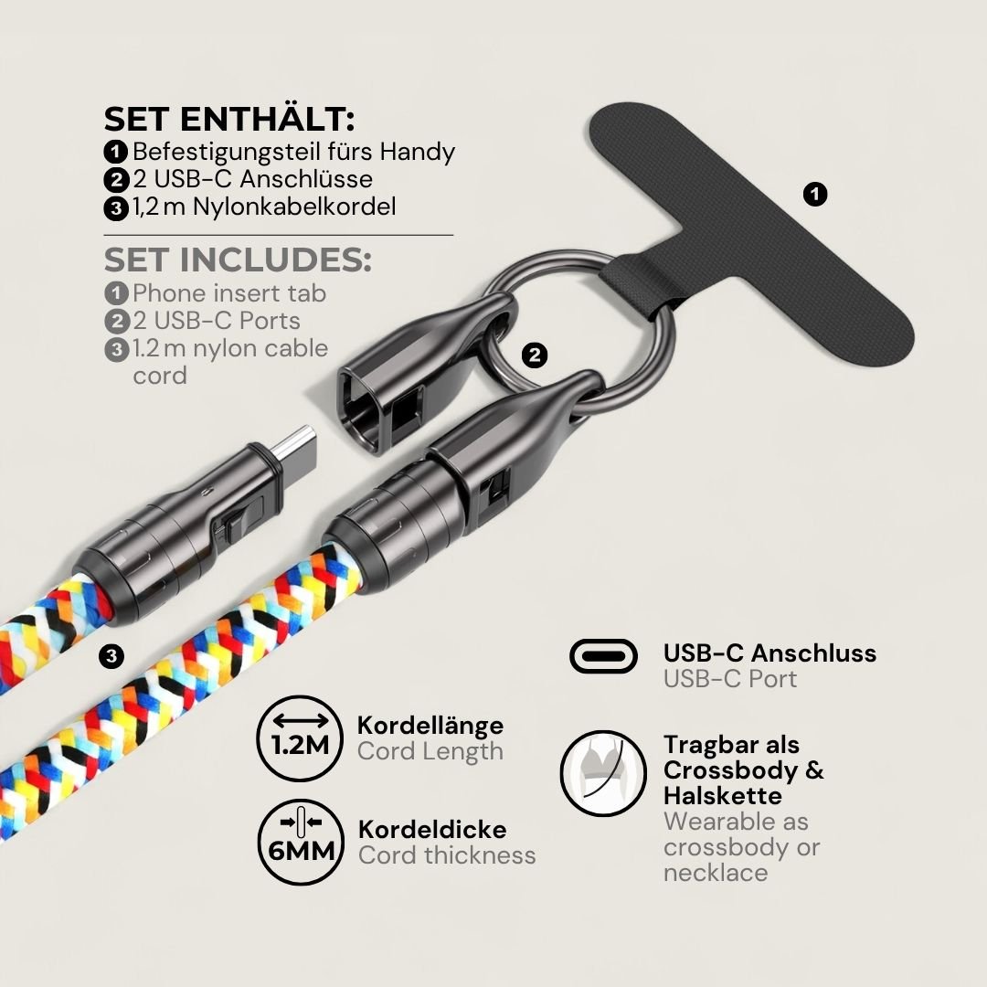LYRA – 2 in 1 Handykette mit USB - C Ladekabel - Handykette - Patchwork - Kuratist