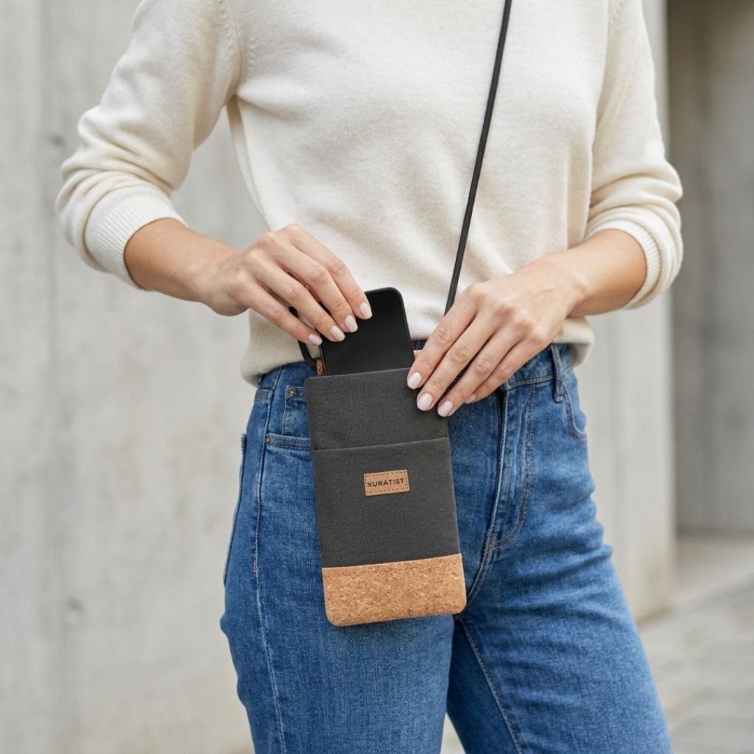 NELA Handytasche zum Umhängen - Handytasche zum Umhängen - Warm Charcoal Cork - Kuratist