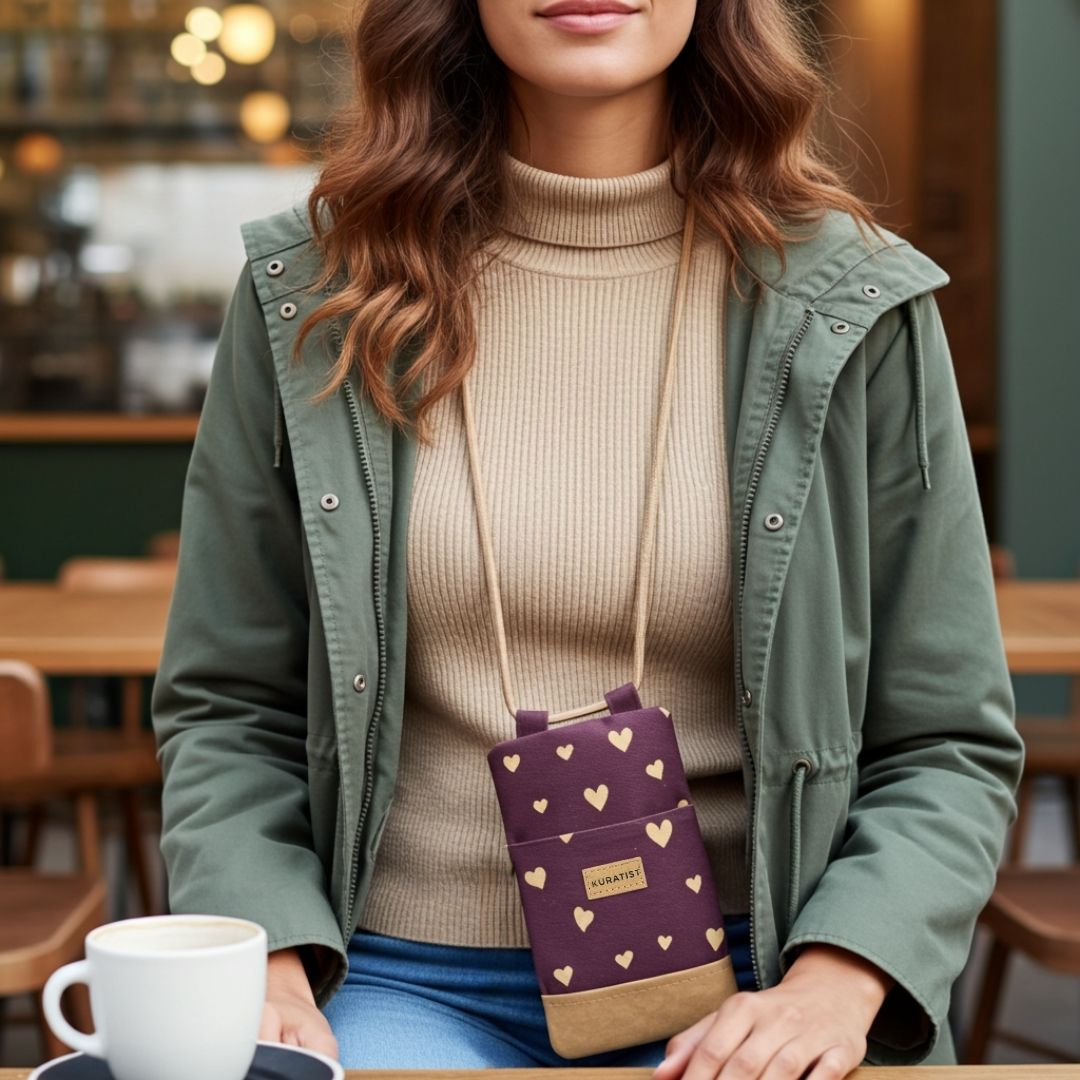 NELA Handytasche zum Umhängen Bedruckt - Handytasche zum Umhängen - Mocha Hearts Paper - Kuratist