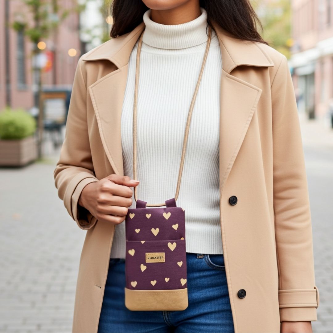 NELA Handytasche zum Umhängen Bedruckt - Handytasche zum Umhängen - Mocha Hearts Paper - Kuratist