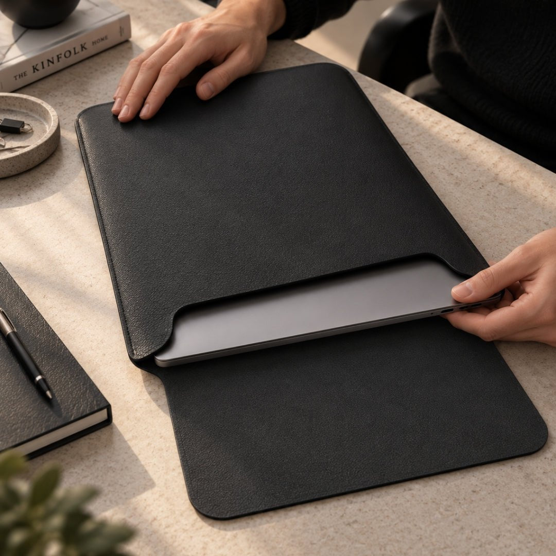 NORA Premium Laptophülle aus hochwertigem Kunstleder - Laptophüllen - Carbon Black – Fine Pebble Grain (Vegan) - Kuratist