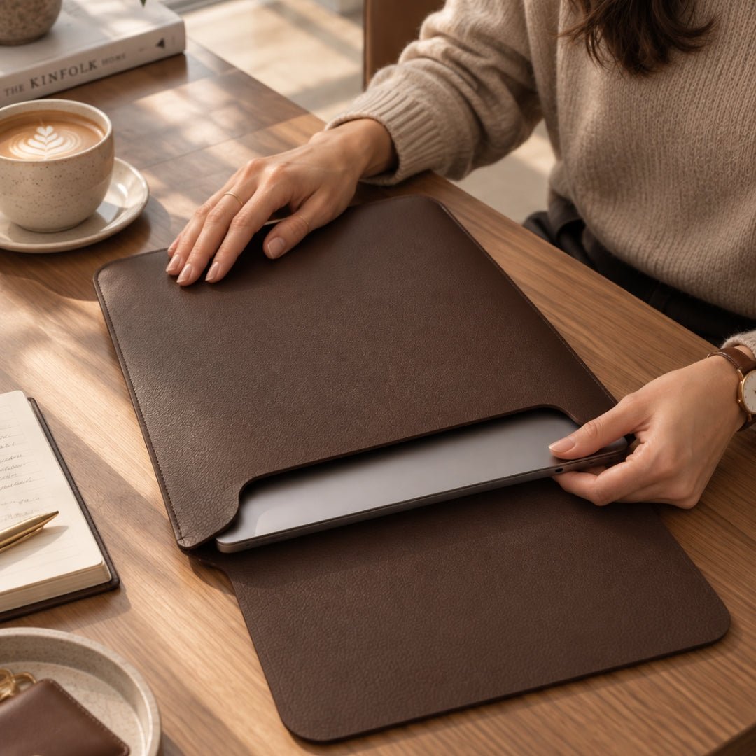 NORA Premium Laptophülle aus hochwertigem Kunstleder - Laptophüllen - Coffee – Fine Pebble Grain (Vegan) - Kuratist