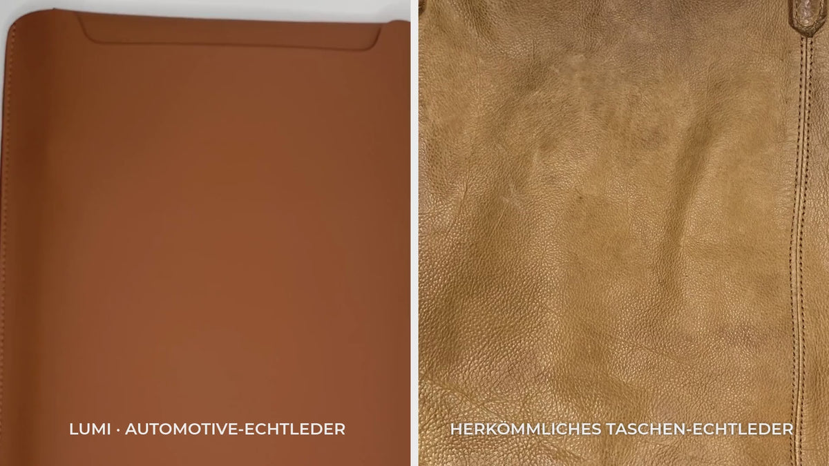 Load video: Wassertest im Vergleich: Wasserabweisendes LUMI Automotive-Echtleder und herkömmliches Leder bei Kontakt mit Flüssigkeit.
